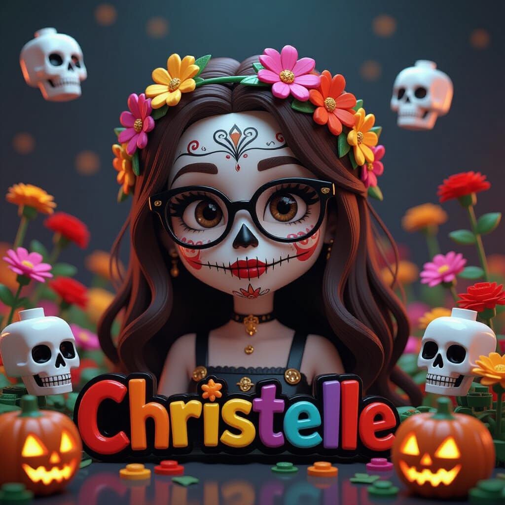 3D Render of Girl with Skull Face and Flower Crown