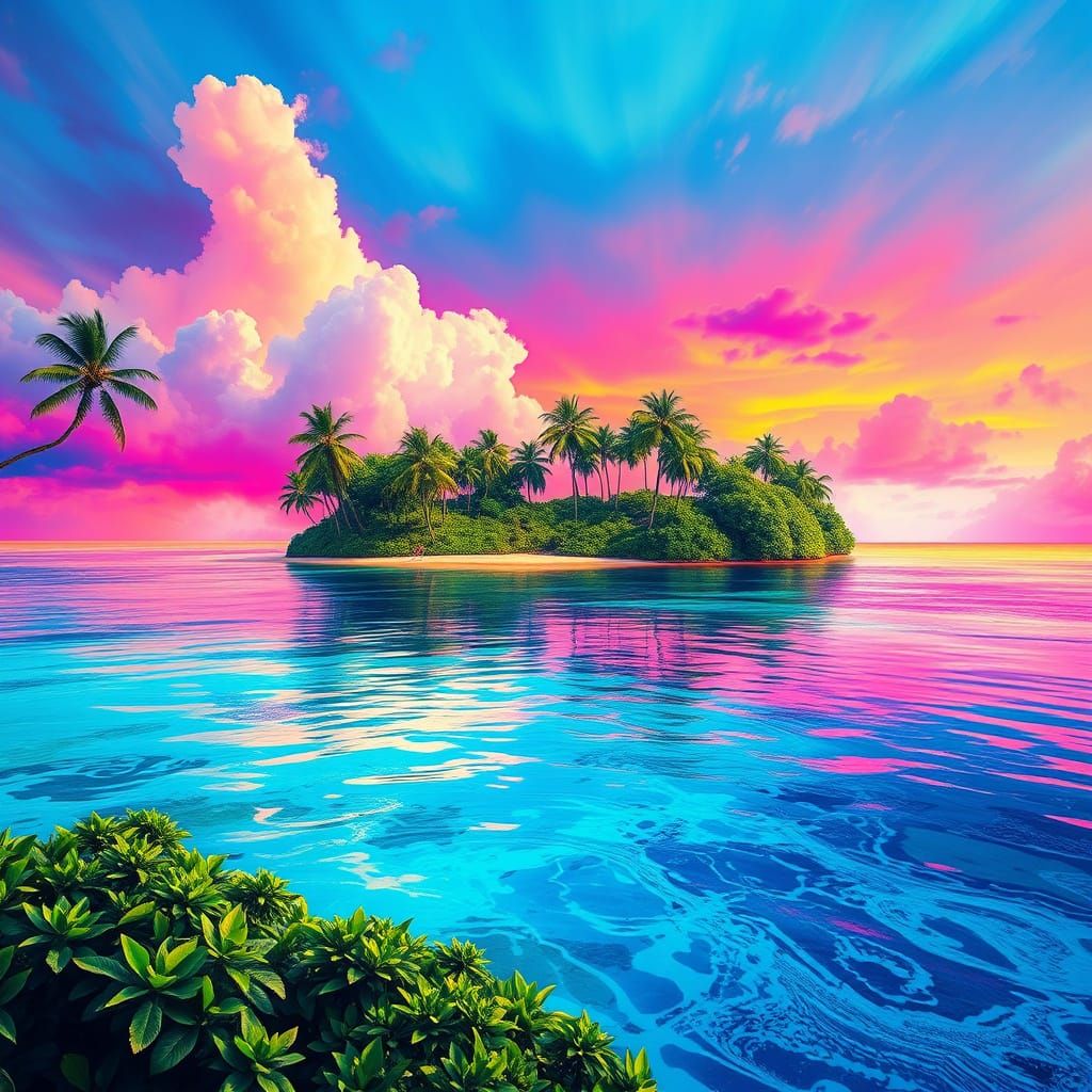 Kaleidoscopic Water on Lush Island in Digital Art Style