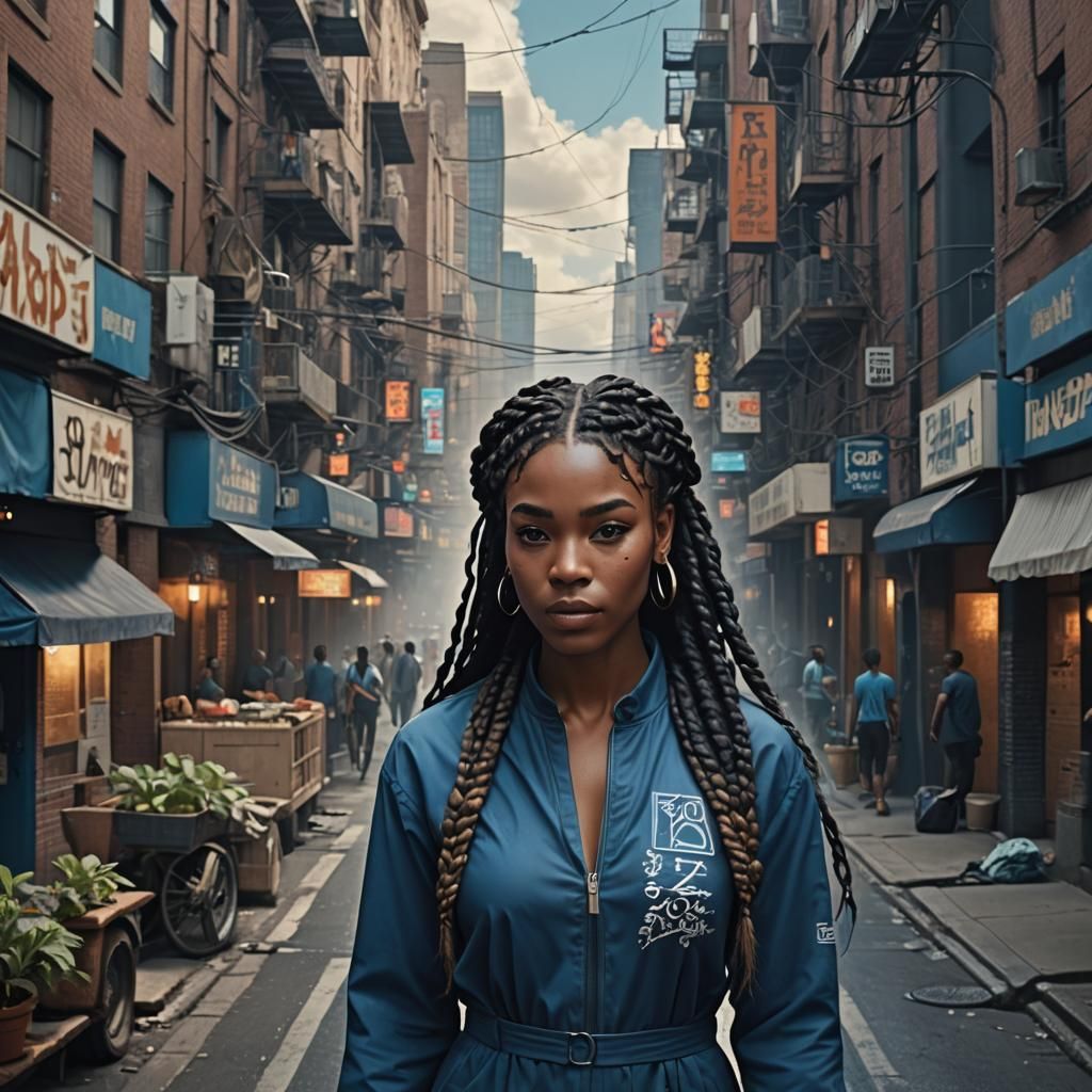 Young Woman in Blue Jumpsuit Walking City Street