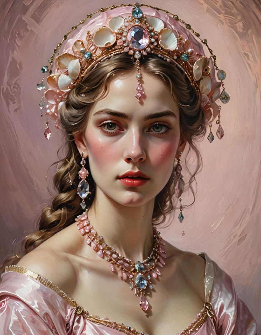 Baroque Portrait with Crystal Headdress in Oil Paint