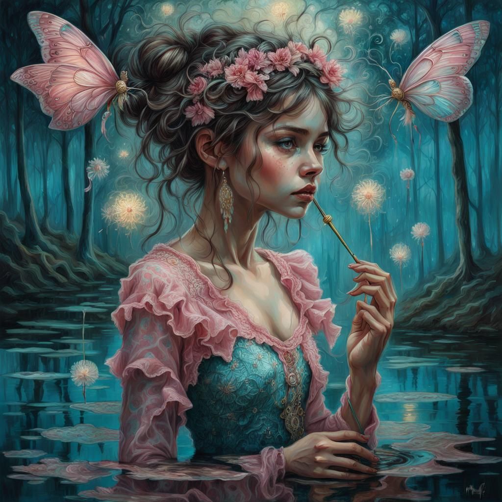 Bioluminescent Harlequin in Mirrored Dark Fantasy