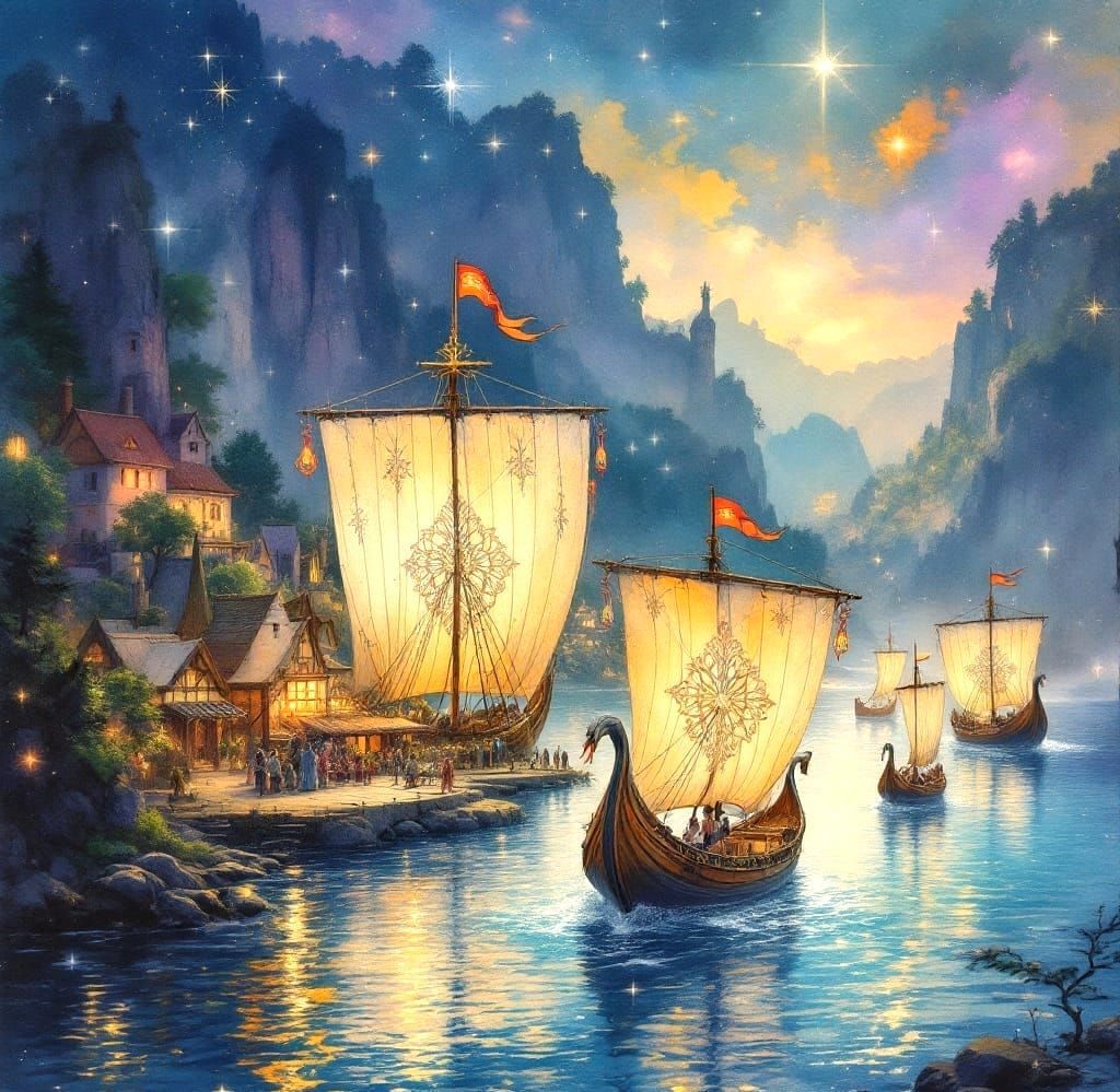 Enchanted Elvish Harbour in Sparkling Watercolour