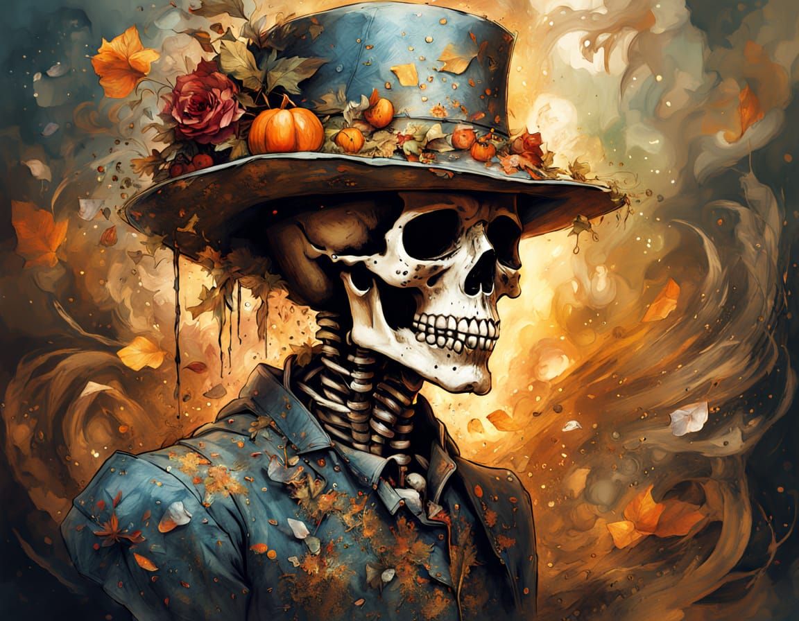 Ethereal Skeleton Scarecrow with Ghosts in Vivid Watercolor