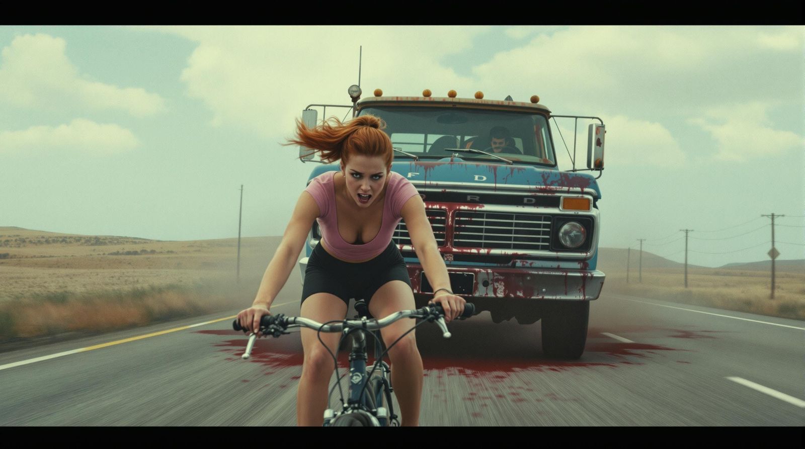 Fearful Cyclist Chased by a Vintage Pickup