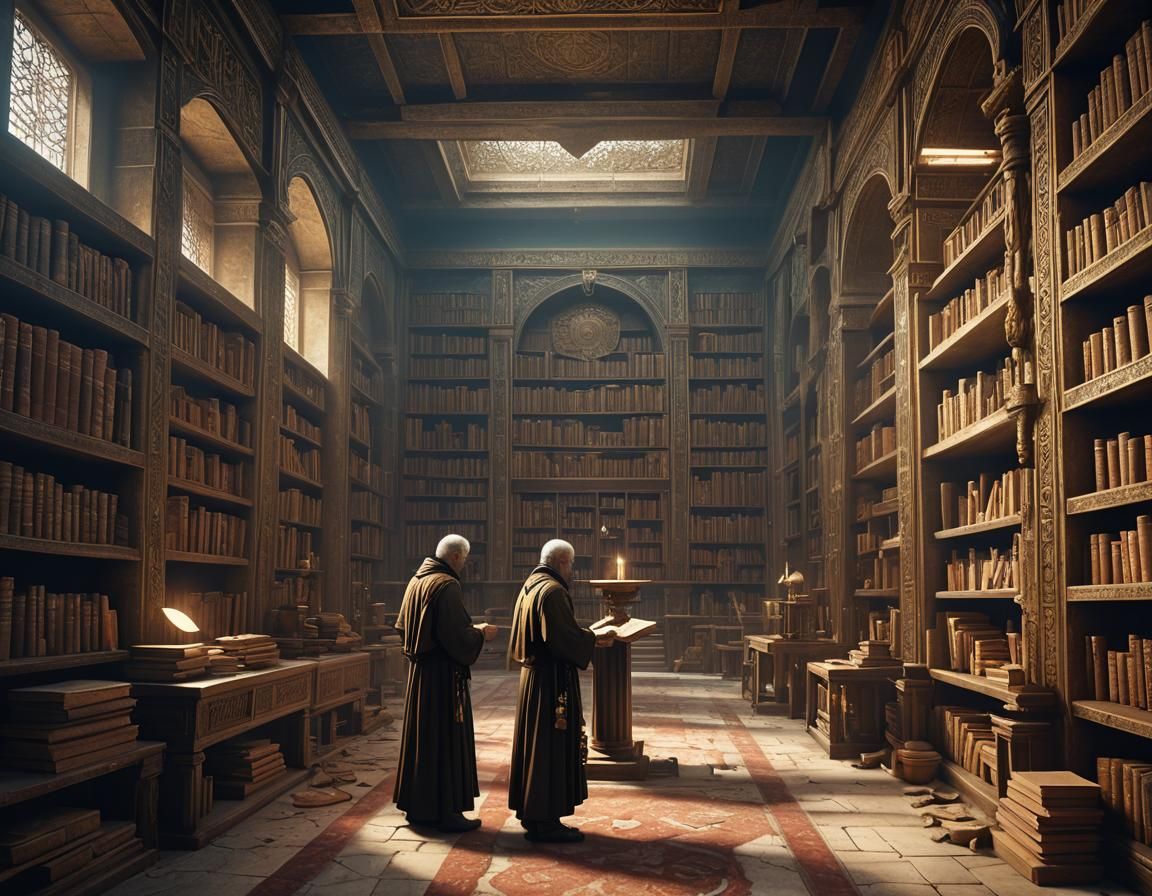 In the interior design of the ancient Babylonian library, a priest searches for a book among dusty shelves. deep color s...