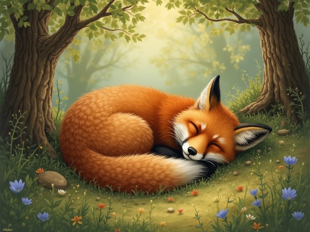 Fox Asleep in Forest Glade, Illustrated Style