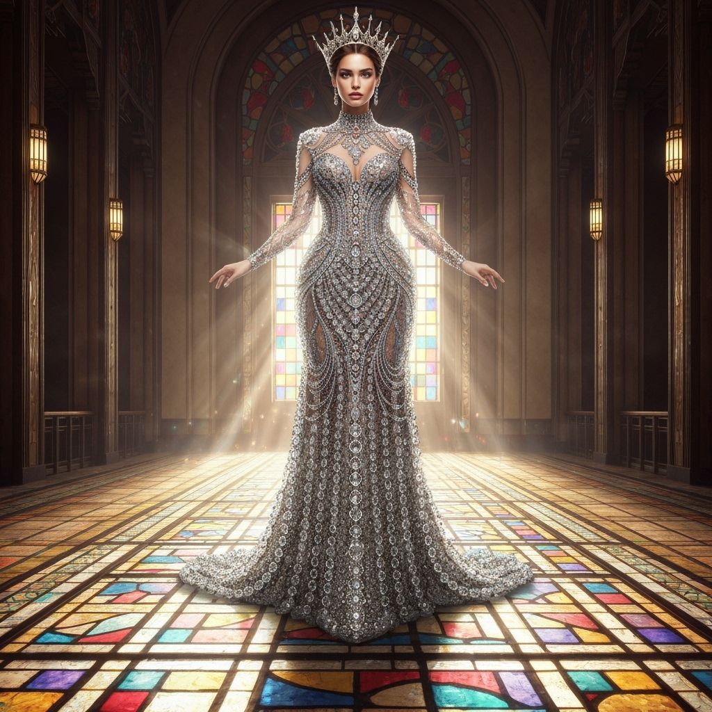 Regal Queen in Intricate Glass Gown, Art Deco Hall