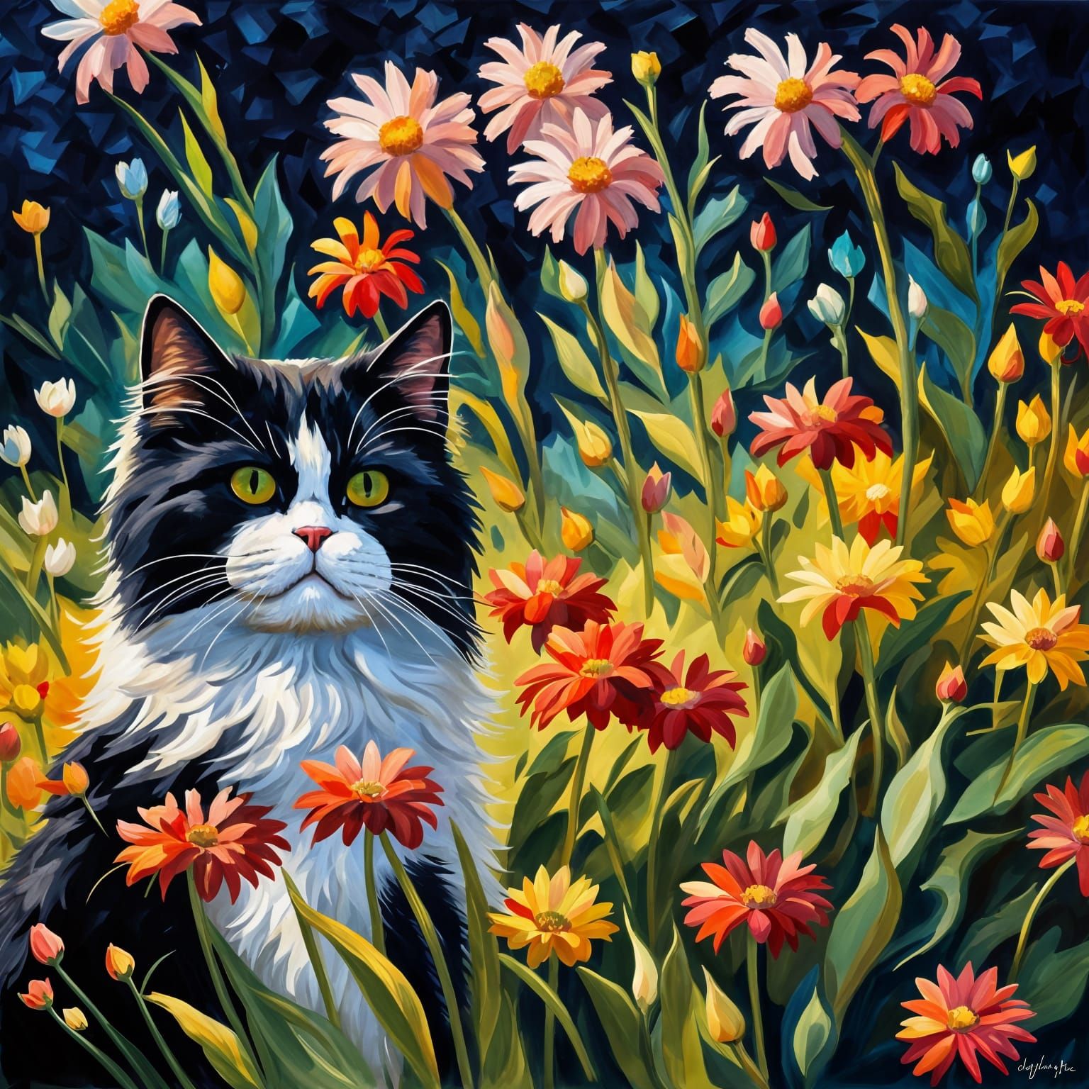 Impressionist Cat in a Flower Garden