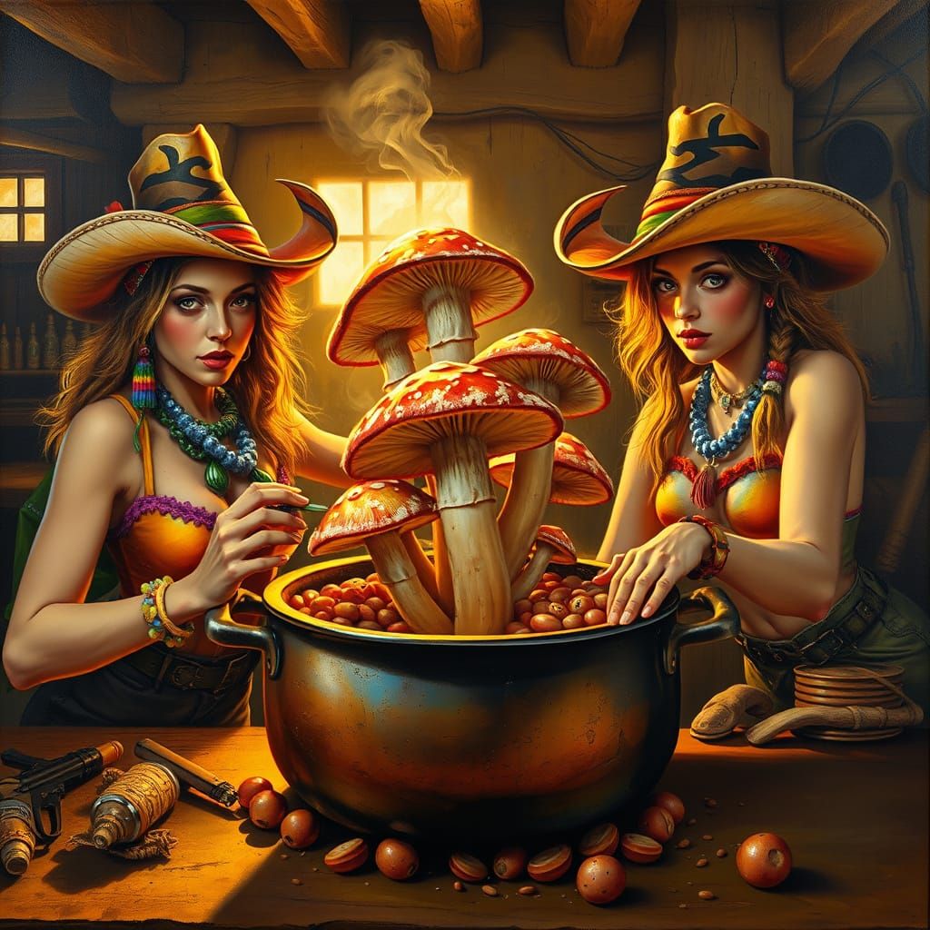 Surreal Cowgirls Stuffing Mushrooms into Magical Beans