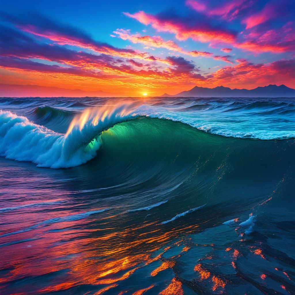 Exquisite Sunset Waves in a Psychedelic Holographic Scene
