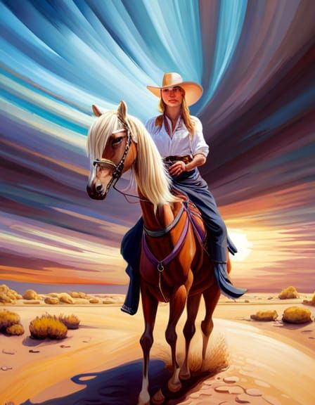 Hyperrealistic Cowgirl on Horseback in Desert