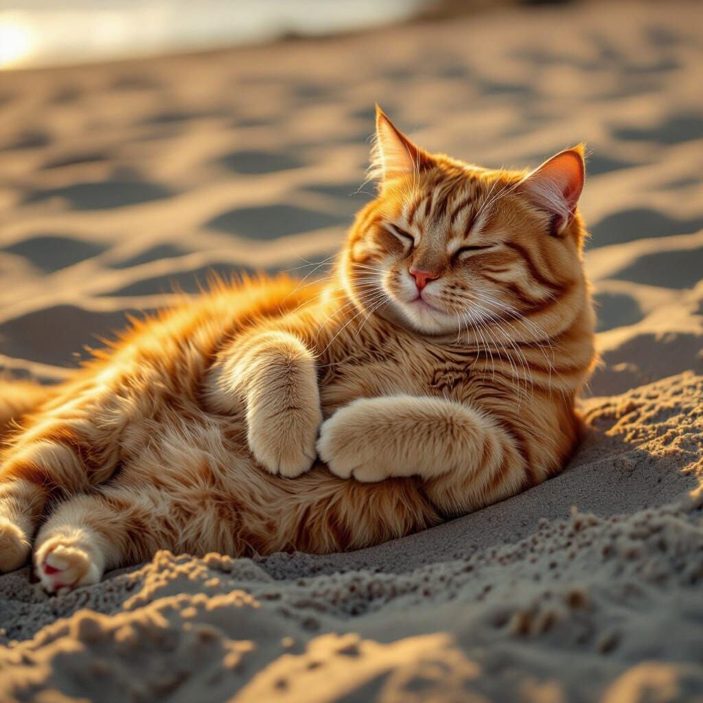 Exhausted Orange Cat on Beach with Injured Stomach