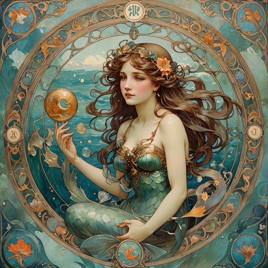 Mermaid with Zodiac Signs in Art Nouveau Style