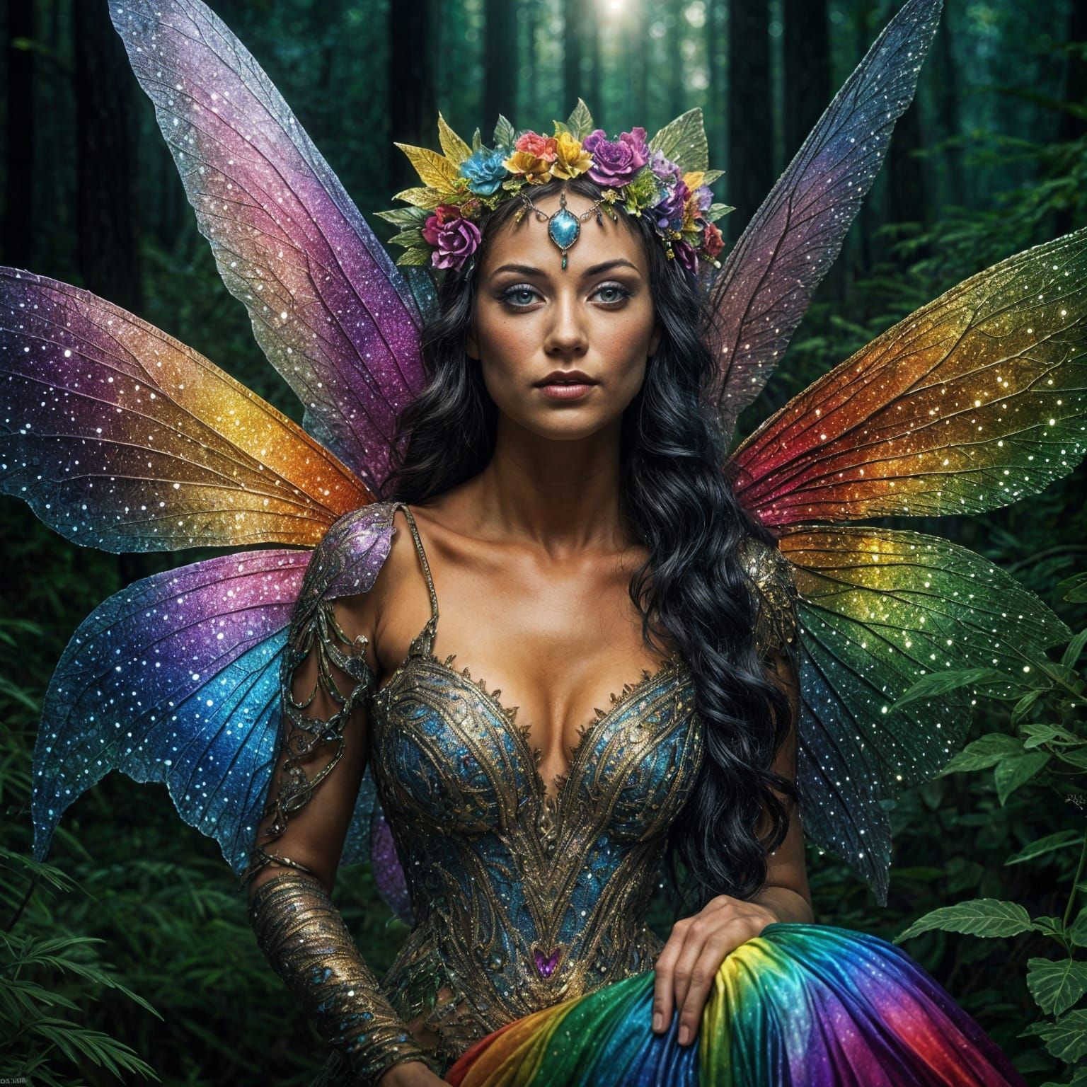 Rainbow Glitter Fairy in Enchanted Forest