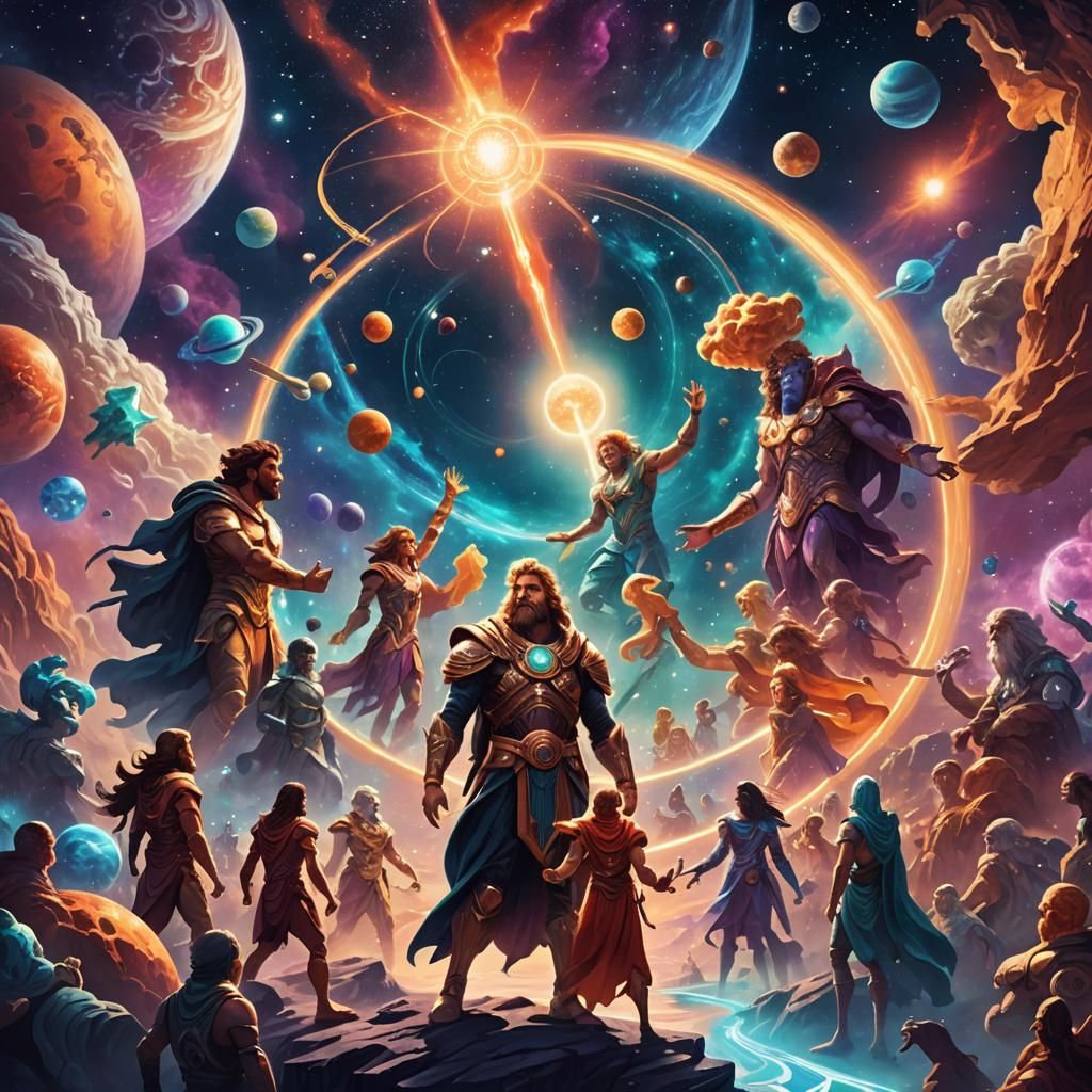 Cosmic Demigods Gather Under Starlight: Fantasy Illustration
