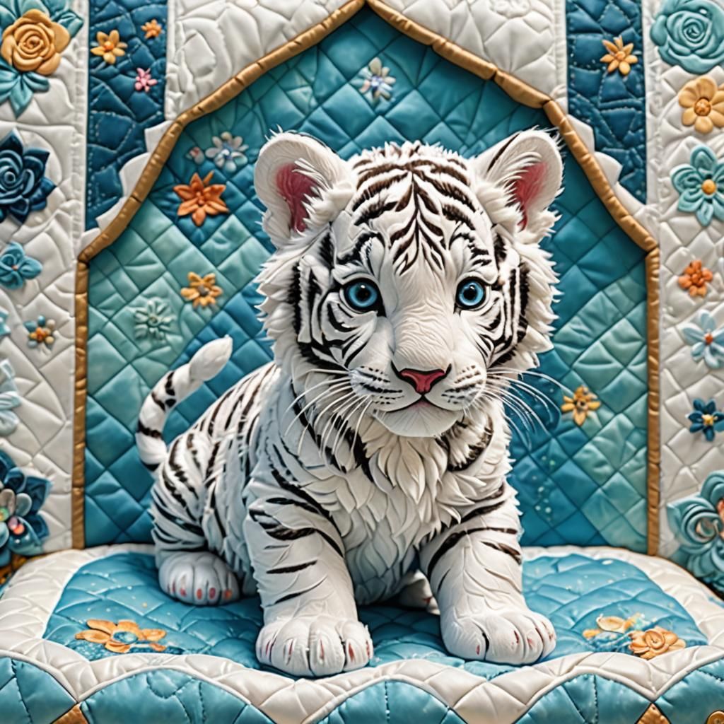 Miniature White Tiger Cub and Husky on Quilted Bed
