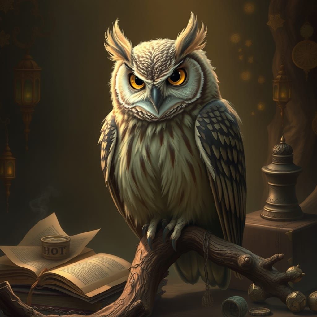 A wise Old Owl, named Hoot, who serves as a sage advisor to the party, sharing ancient wisdom and mystical knowledge