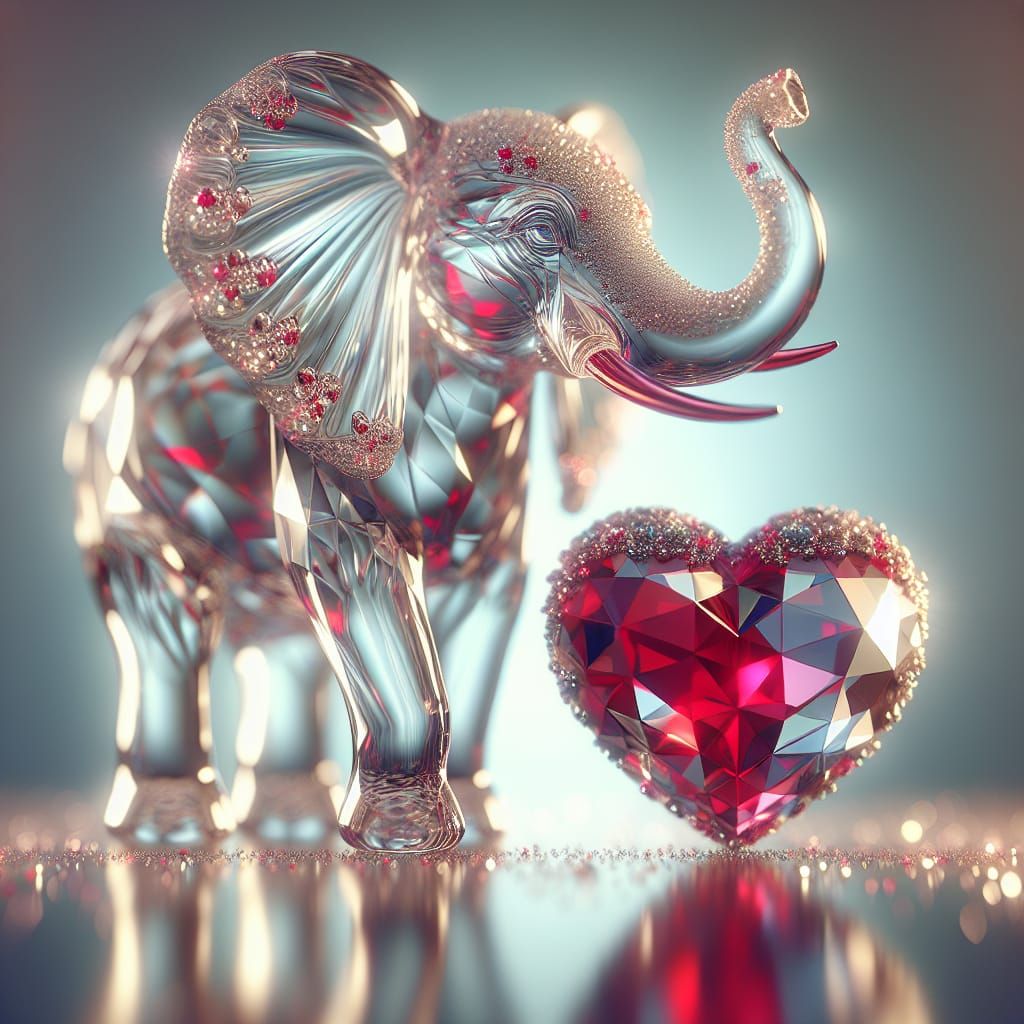 Glass Elephant Holding Heart, Multicolored Reflections