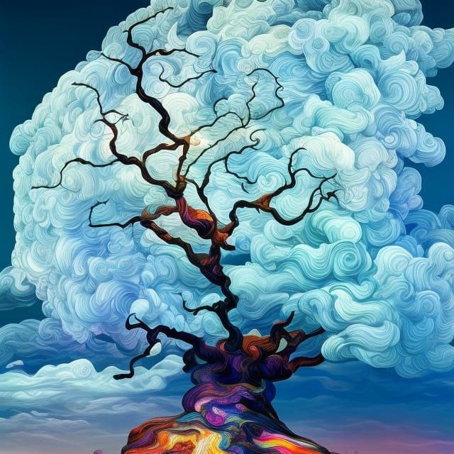 Marble and Glass Tree in Psychedelic Landscape Art