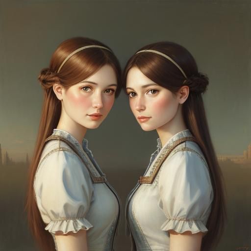 Twin Girls Gaze: Oil Painting Portrait