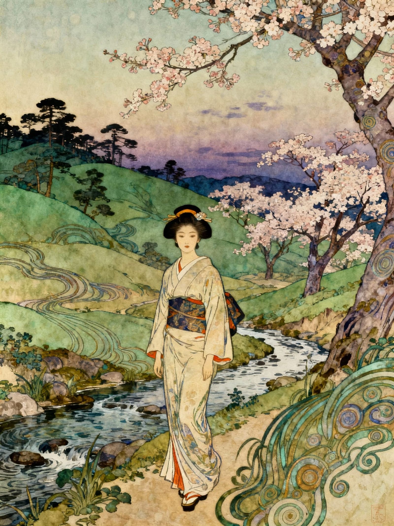 Art Nouveau Geisha in Serene Japanese Countryside