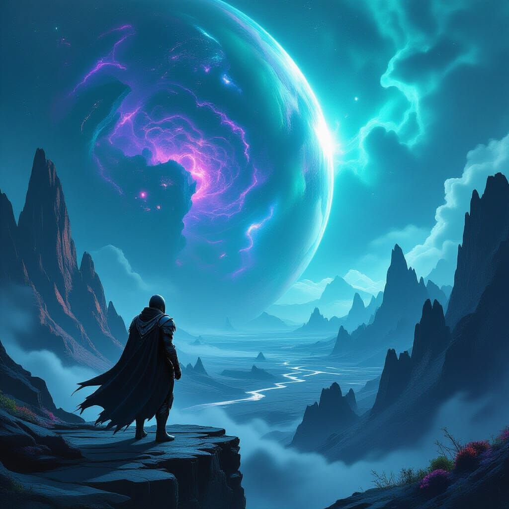 Armored Warrior on Alien Planet Gazing at Nebula