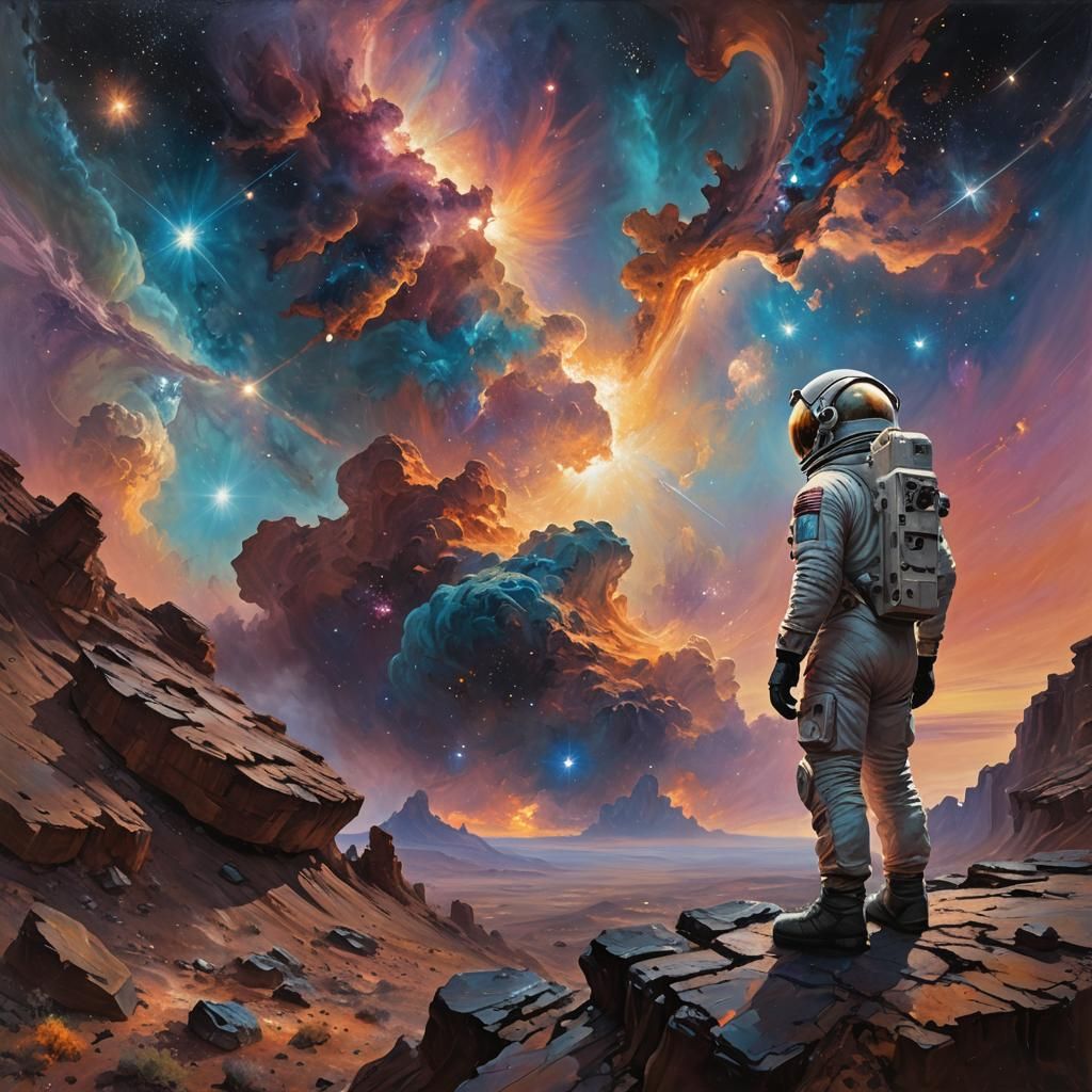 Astronaut Contemplates Galaxy: Oil Painting by Gurney Style