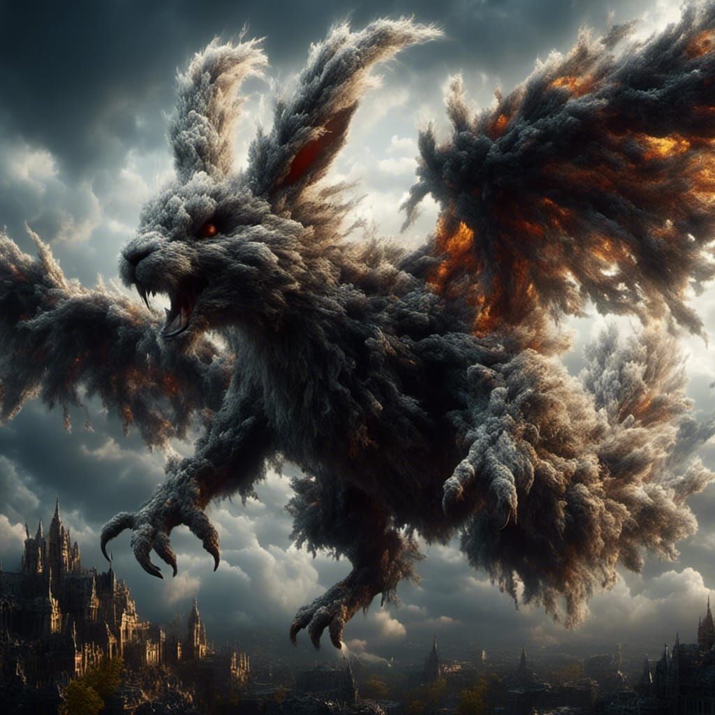 Winged Rabbit Soaring Through Storm, Digital Matte Painting