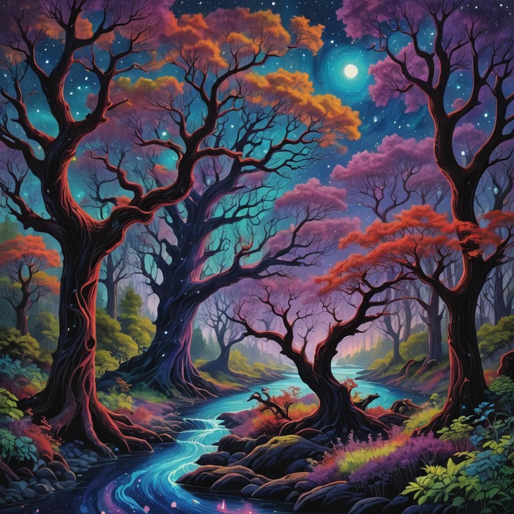 Bioluminescent Forest with Deer, Matte Painting