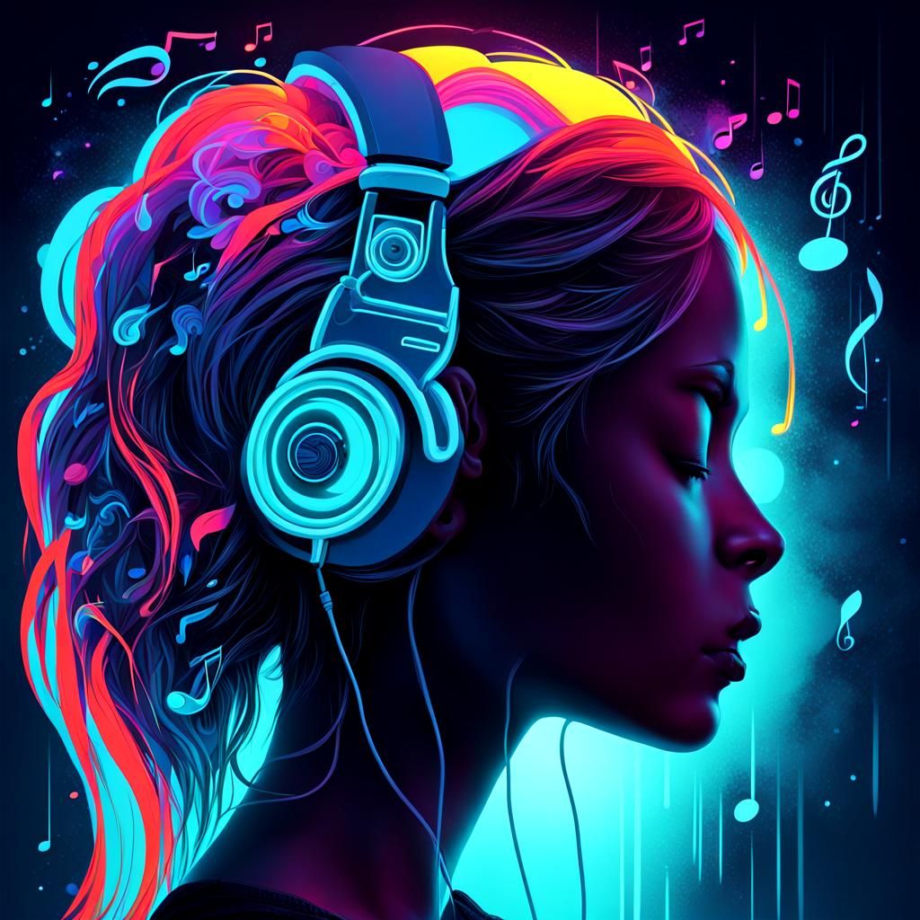 Neon Psychedelic Music Radiating from Woman's Head