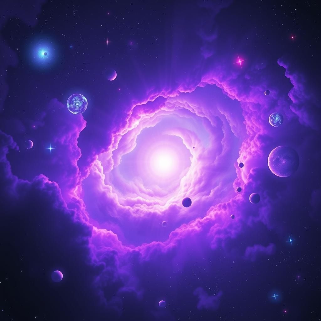 Mystical Purple Nebula with Orbiting Planets and Stars
