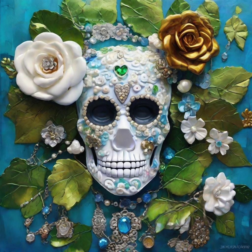 Ornate Sugar Skull in Rococo Style with Gems