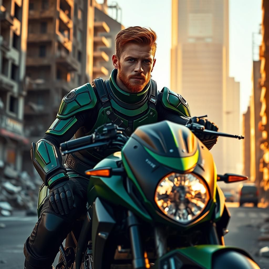 Redhead Hero on Motorcycle in Sci-Fi Cityscape