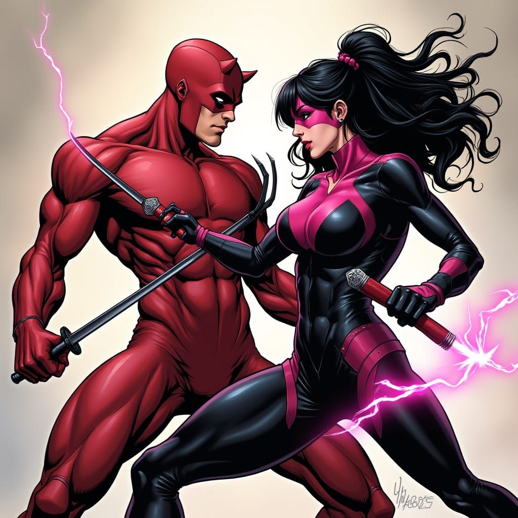 Daredevil and Psylocke Duel in Comic Book Style
