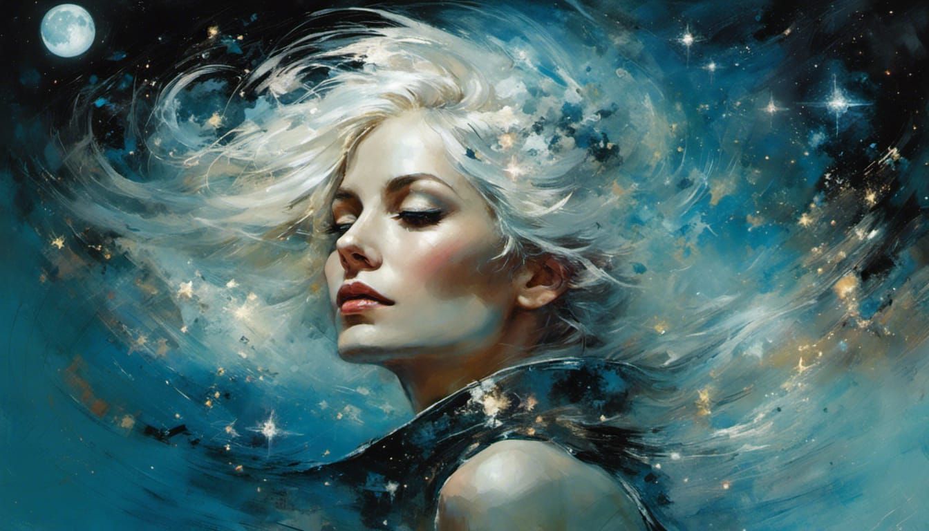 Platinum Moon Goddess in Cosmic Starry Sky