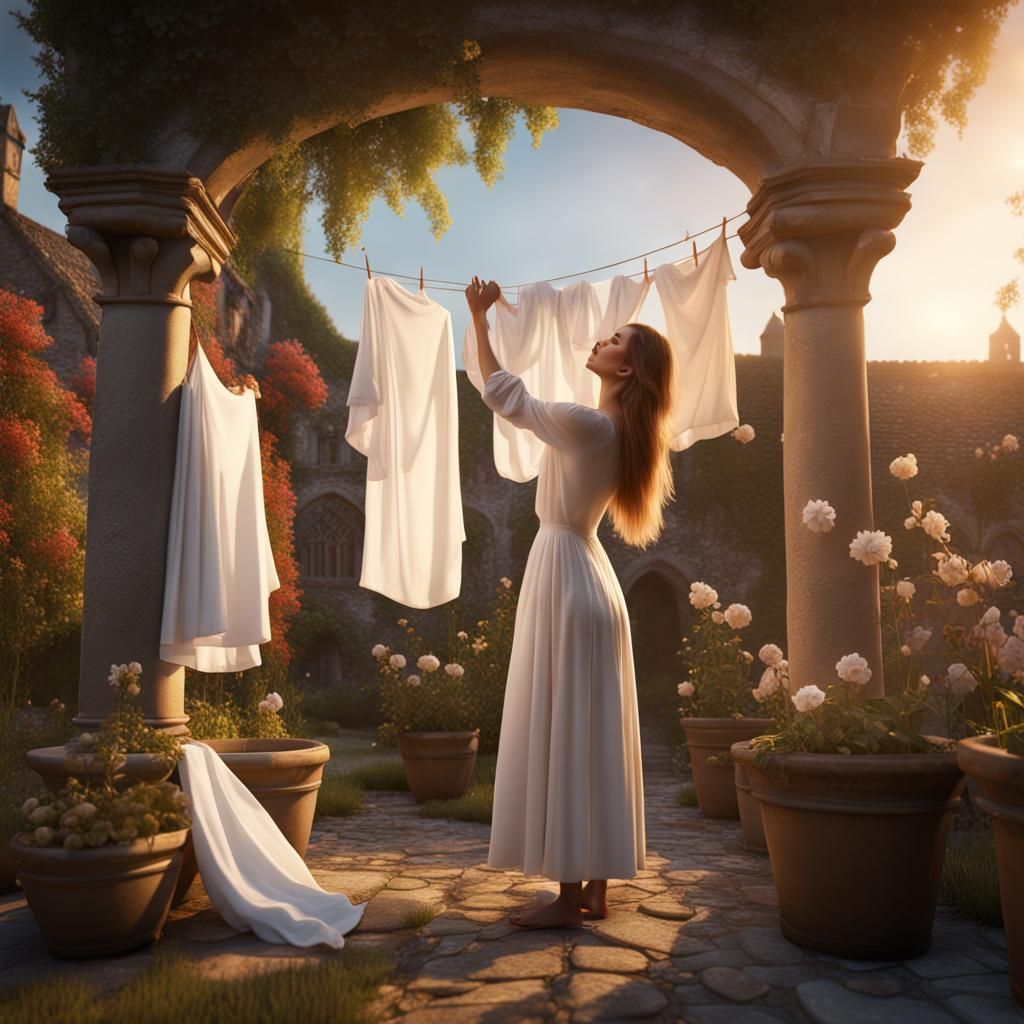 Woman Hanges Laundry in a Medieval Garden