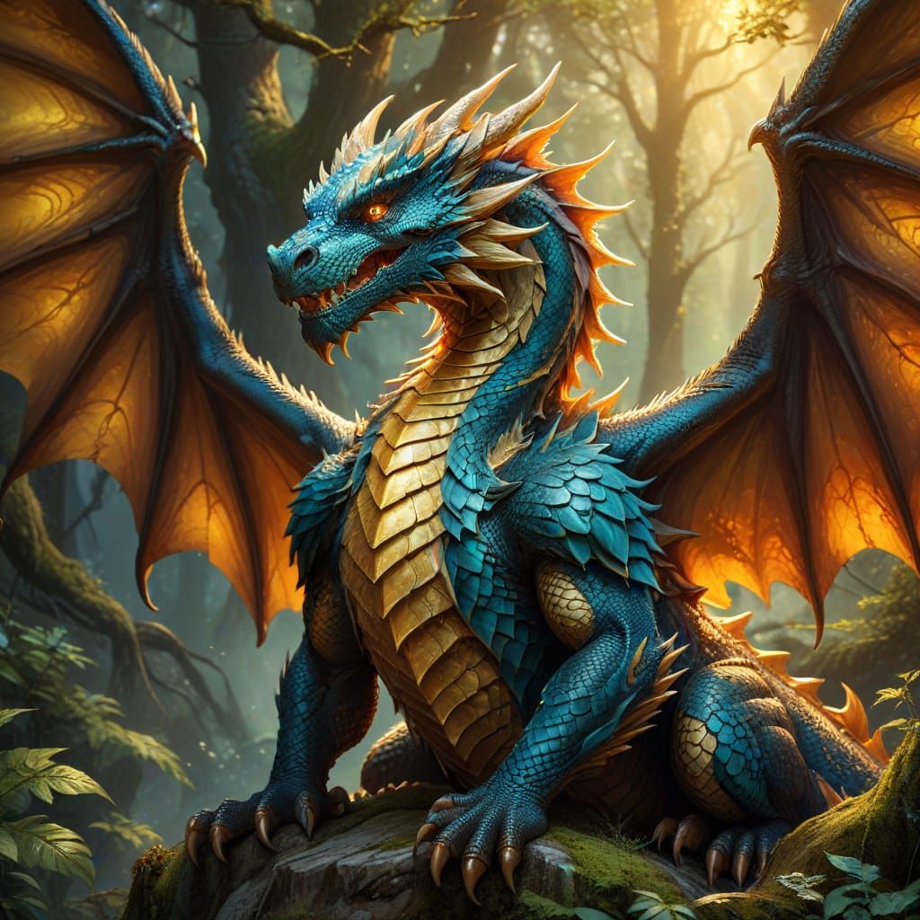 Shining Dragon in Mystical Forest, Digital Art