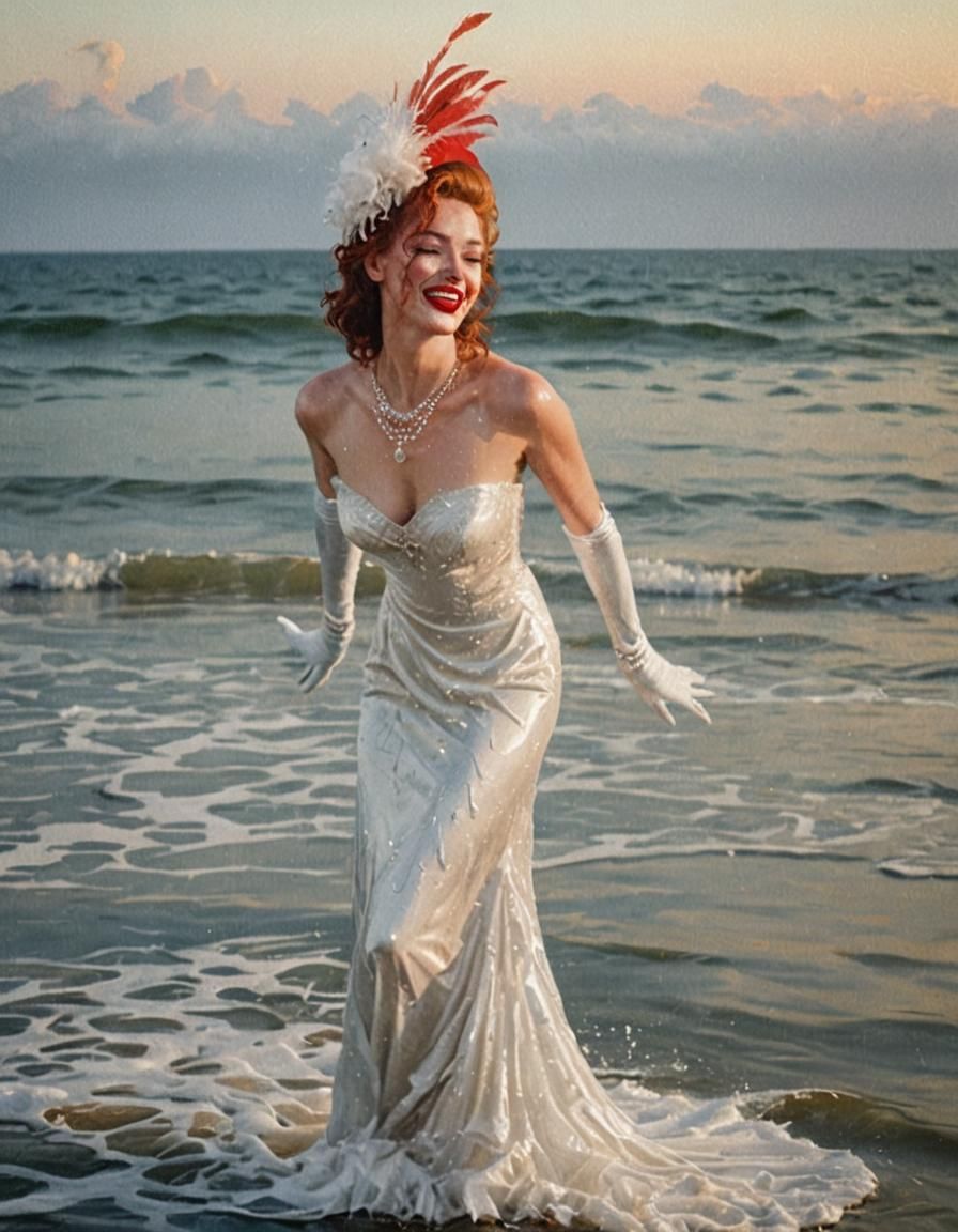 Glamorous Woman in Wet Gown at Sea