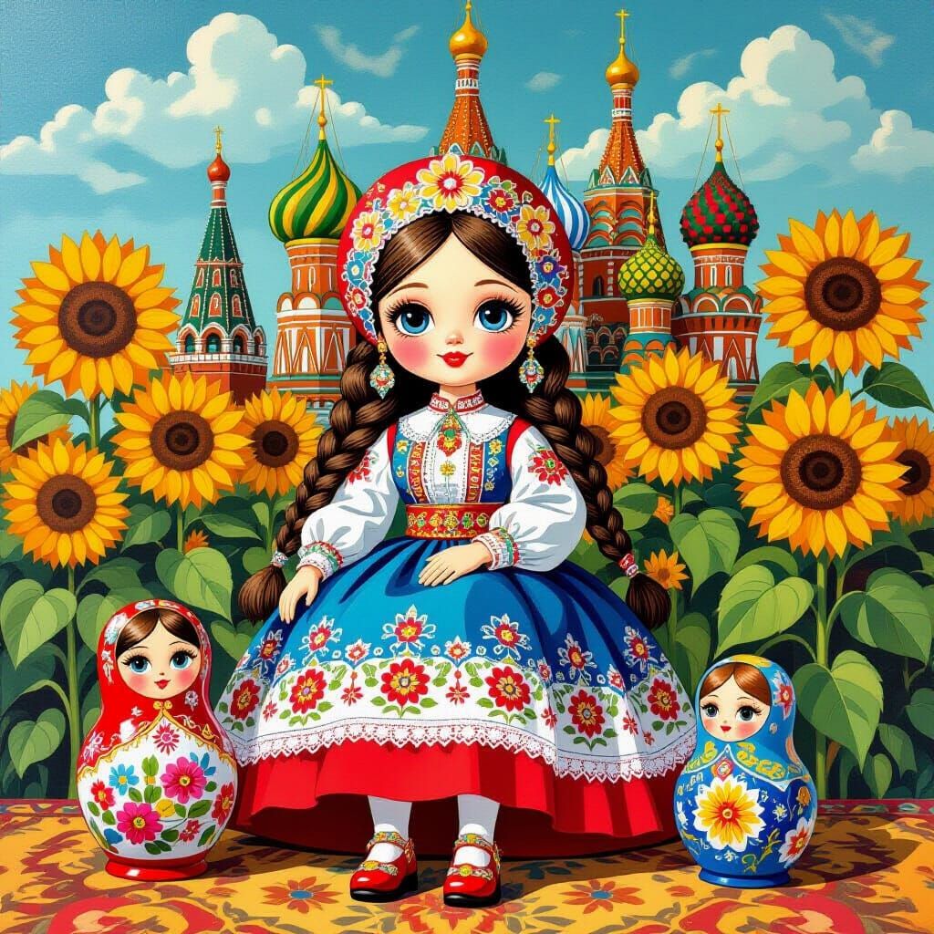 Labubu Doll in Kokoshnik with Matryoshka in Pop Art Style