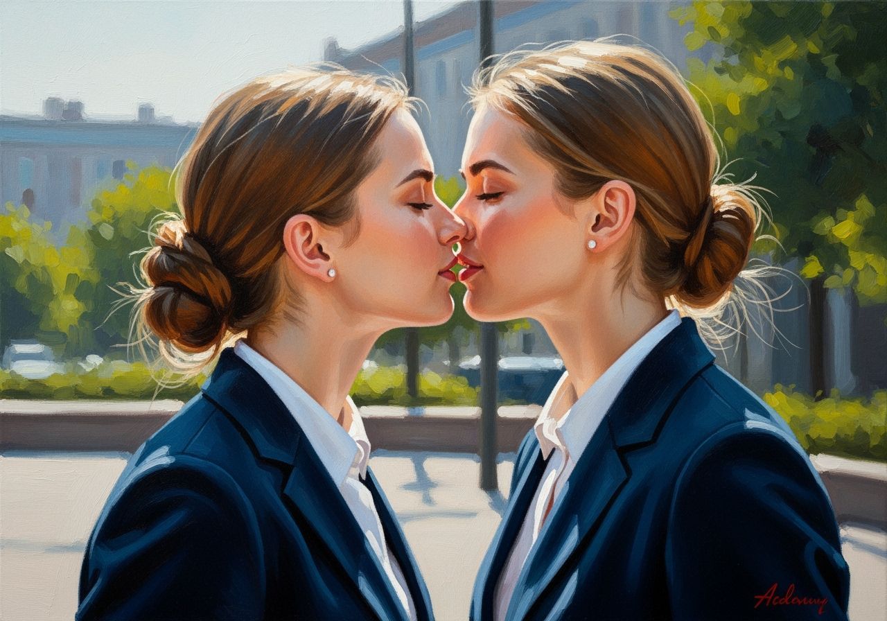 Romantic Oil Painting of Two Women Kissing Outdoors