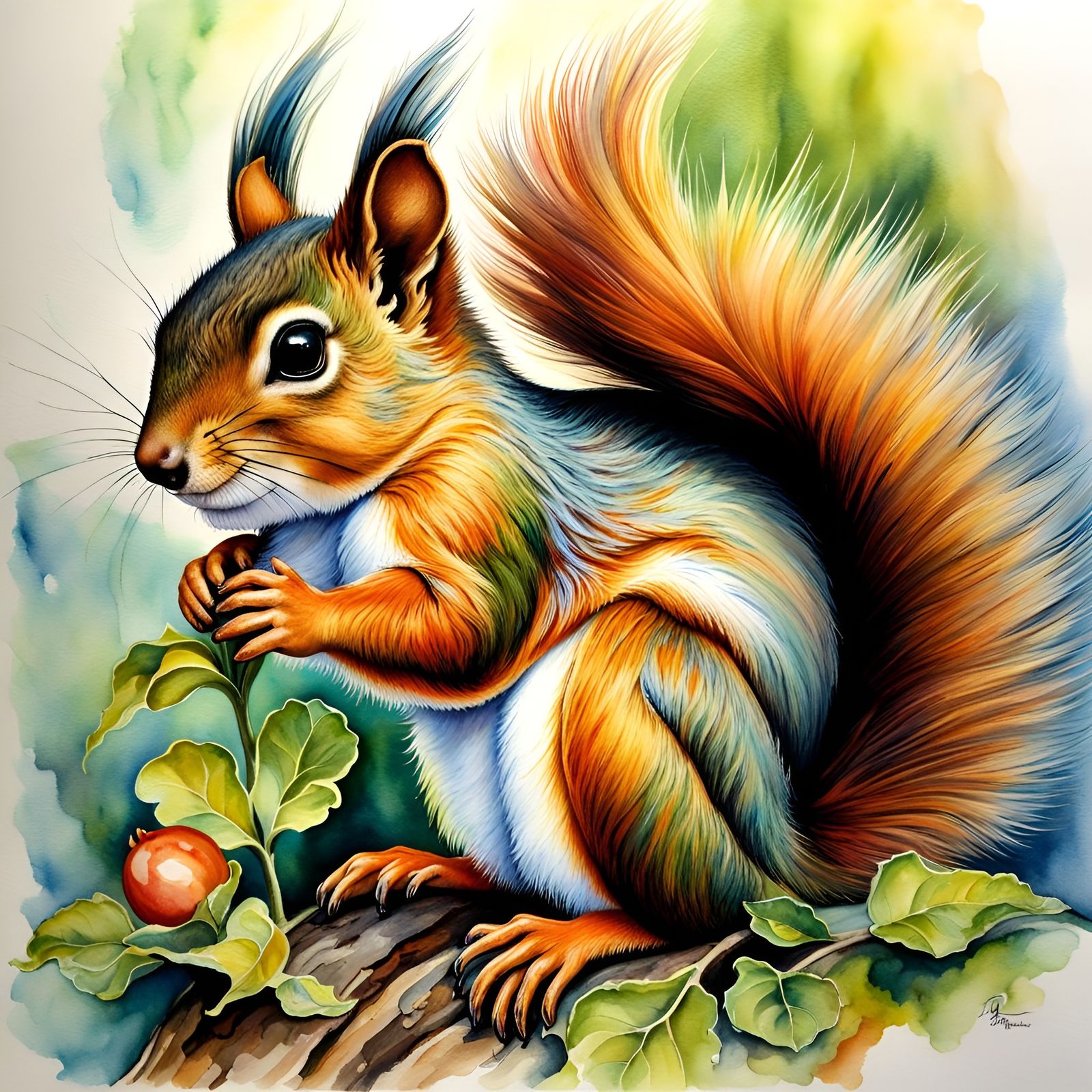 Baby Squirrel in Iridescent Watercolor Style