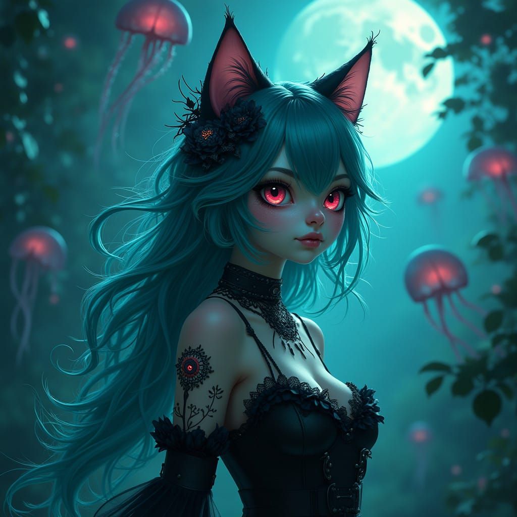 Mystical Cat Girl Under the Umbra of the Moon