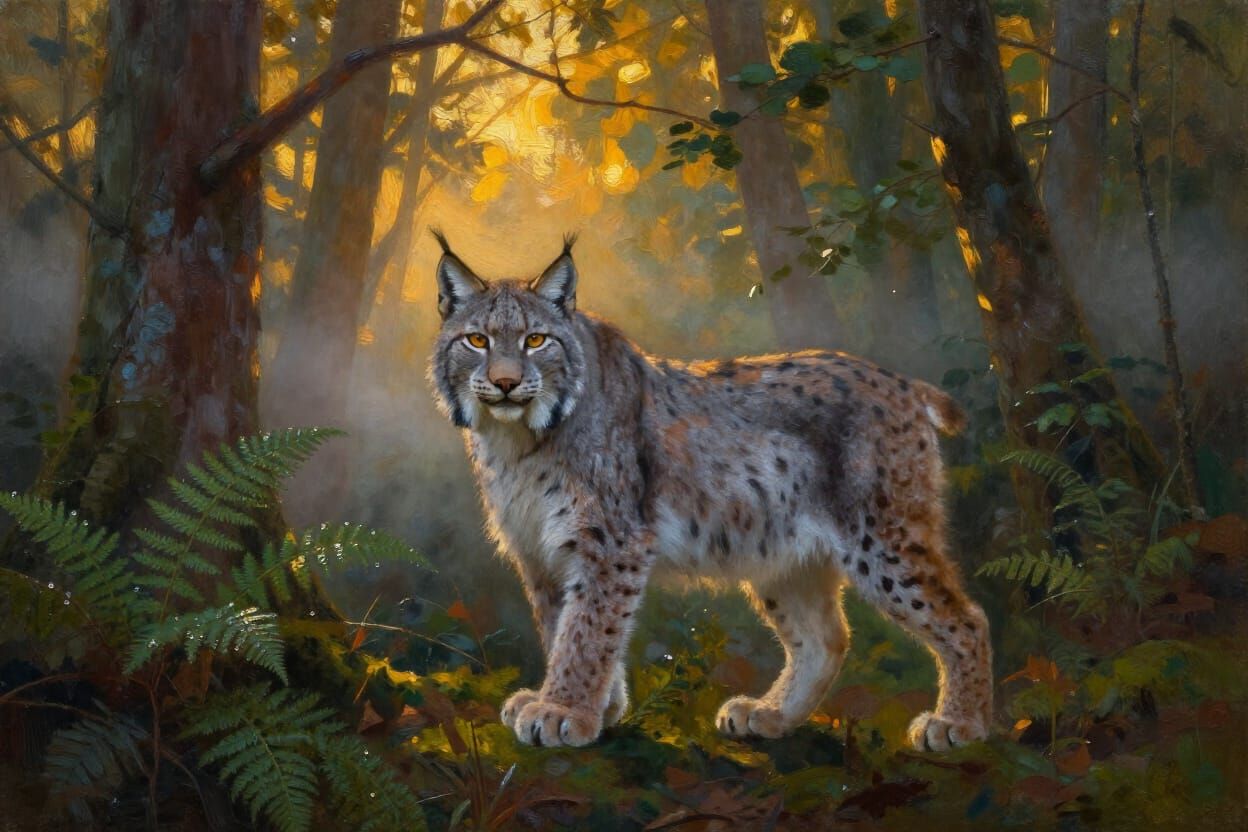 Eurasian Lynx Emerges from Ancient Forest at Golden Hour