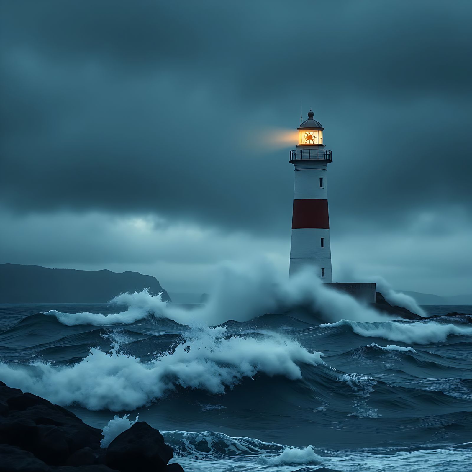 Majestic Lighthouse Illuminates Dark Stormy Seascape