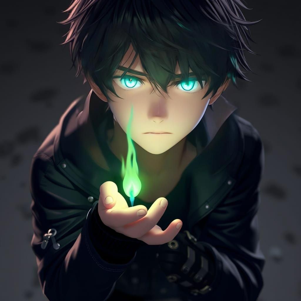 Boy Holding Green Flame in 3D Anime Style