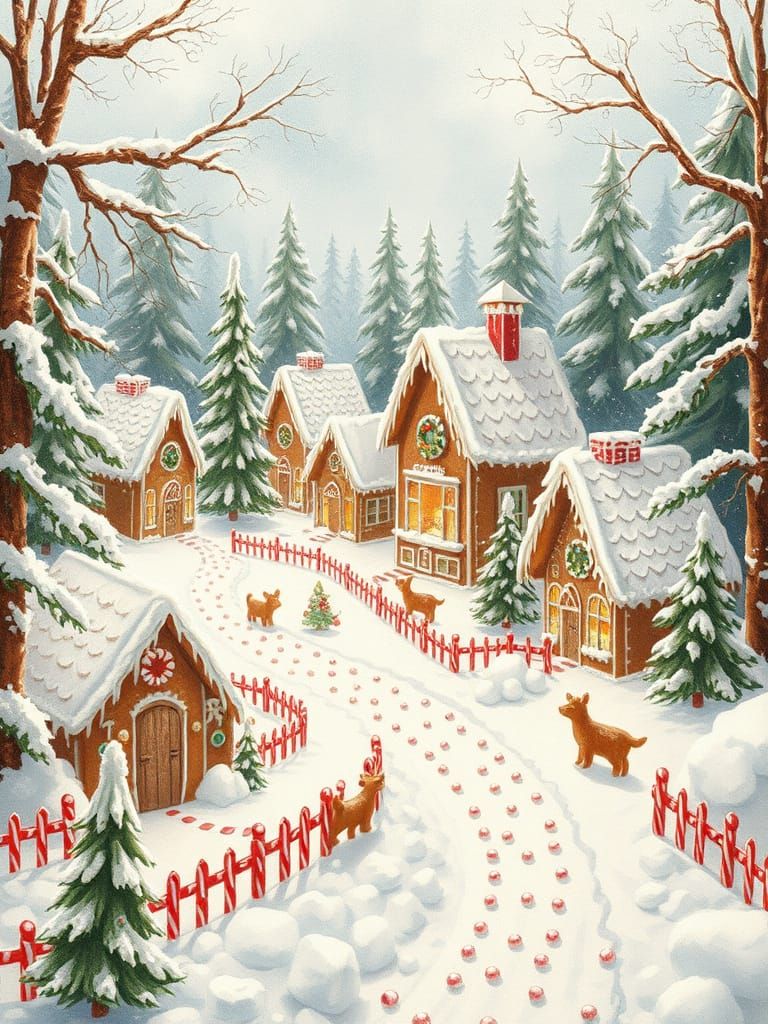 Gingerbread Village in Watercolor Illustration Style