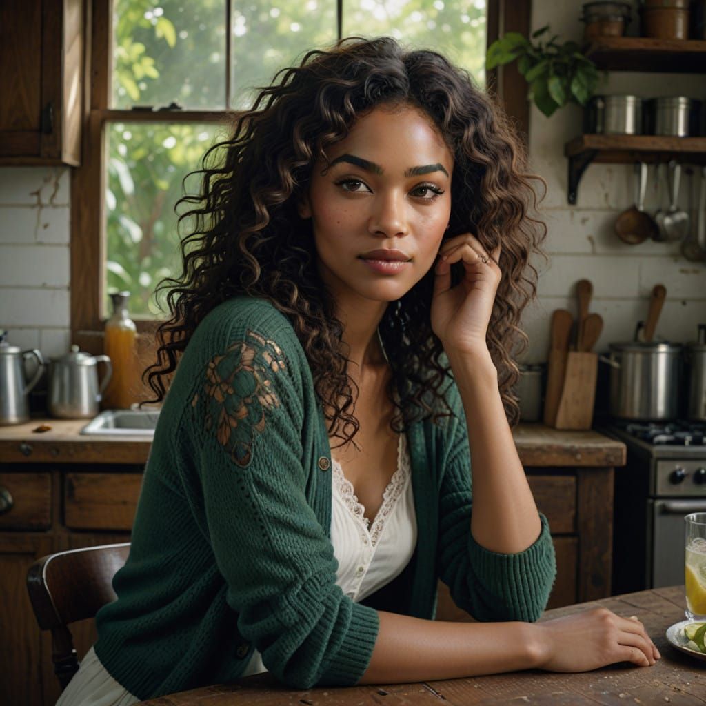 Hyper-Realistic Portrait of Caribbean Beauty in Cozy Kitchen...