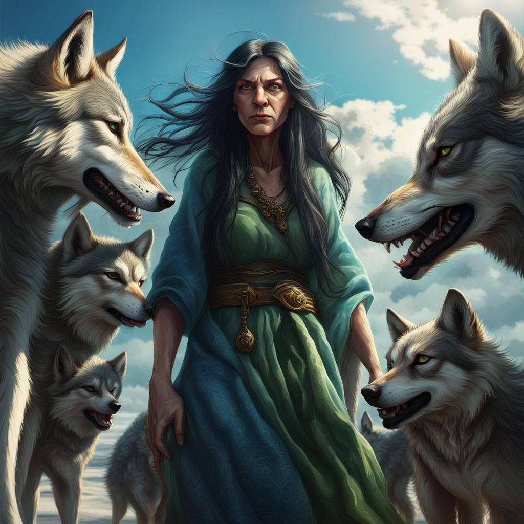 Old Woman Surrounded by Wolves: Fantasy Concept Art