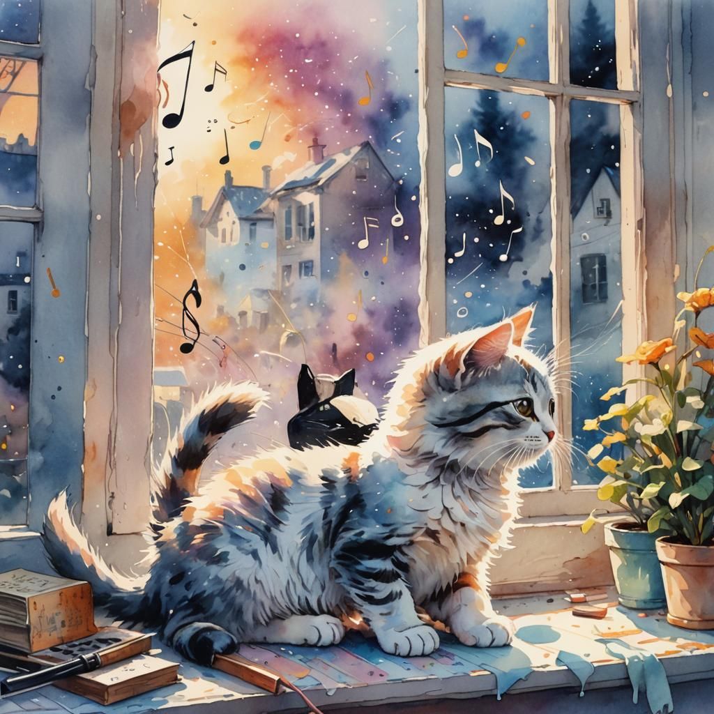 Kitten's Dawn Serenade: Whimsical Watercolor Art