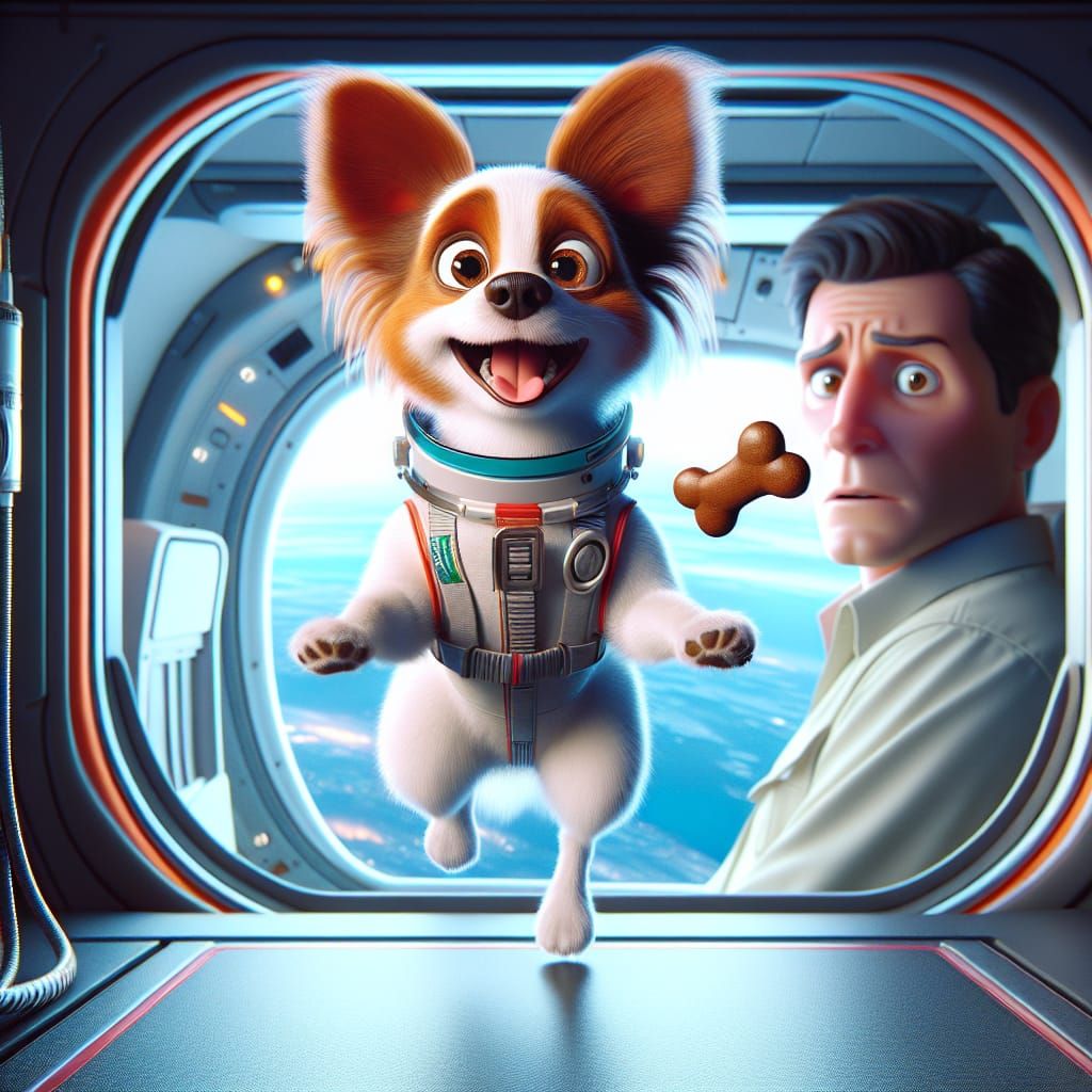Disney Pixar style 3D adorable papillon dog, wearing a space suit, floating in space, trying to walk his little legs mov...